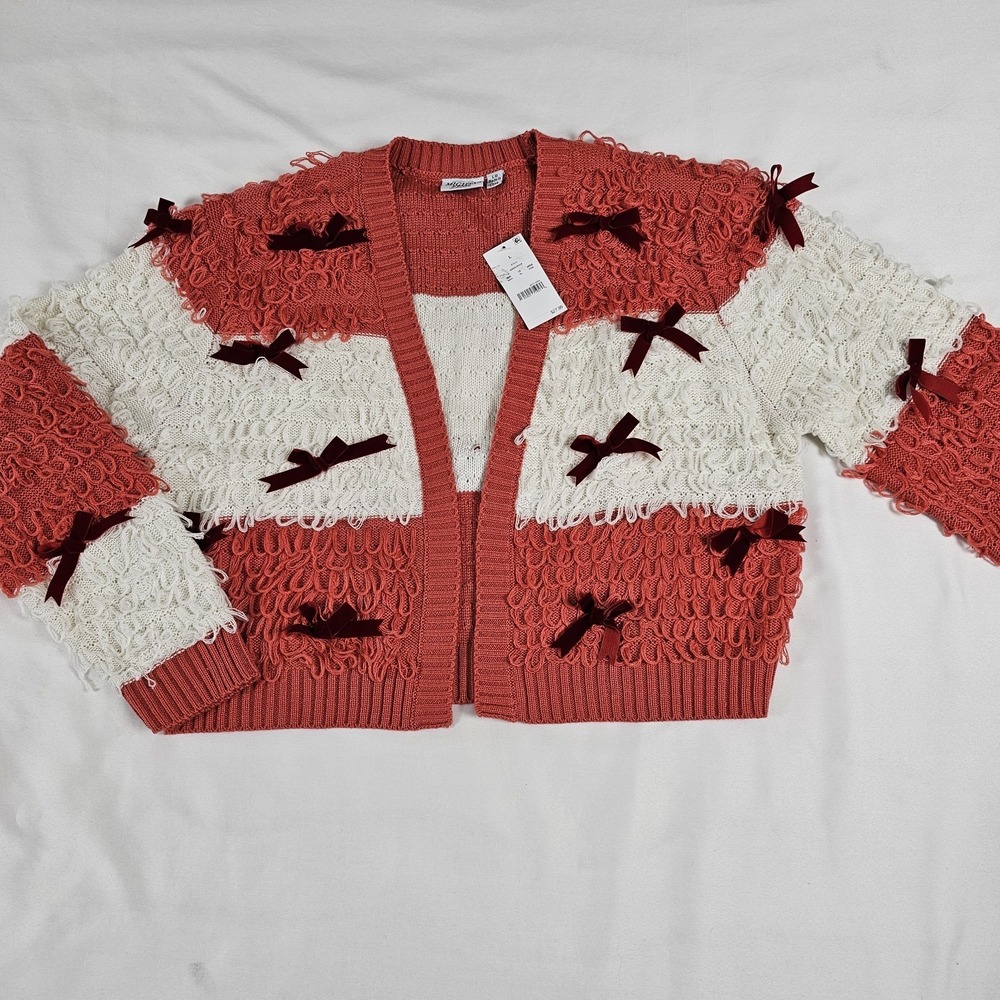 Shaggy Textured Coral-Red  White Wide Stripe Cardigan Sweater Bows Size L‎